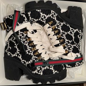 GUCCI Tweed GG Lace Up Combat Boot